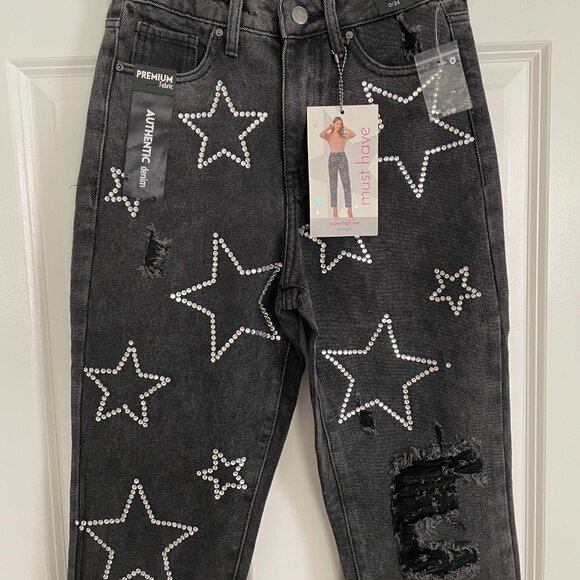 Simple Society Bling Acid Wash Super High Rise Black Straight Jean Size 00/23 - Picture 2 of 13
